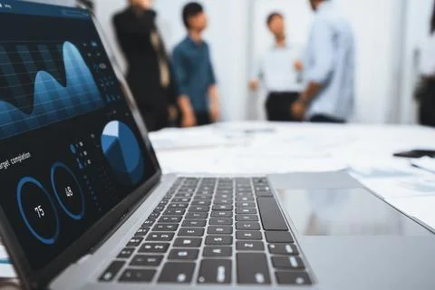 Analytic database by BI Fintech dashboard displayed on laptop. Prudent Stock Photos