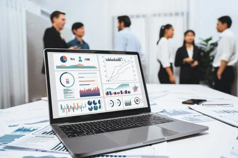 Analytic database by BI Fintech dashboard displayed on laptop. Prudent Stock Photos