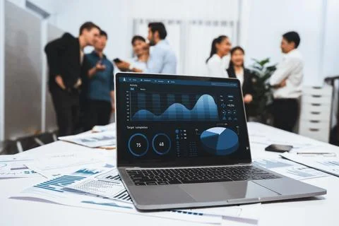 Analytic database by BI Fintech dashboard displayed on laptop. Prudent Stock Photos