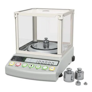 Analytical balance, digital lab scale with set calibration weight. 3D renderi Stock Illustration