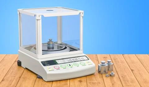 Analytical balance, digital lab scale with set calibration weight on the wood Stock Illustration