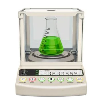Analytical balance, digital lab scale with chemical flask. 3D rendering Stock Illustration