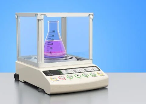 Analytical balance, digital lab scale with chemical flask on the desk. 3D ren Stock Illustration