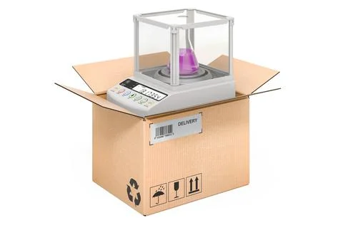 Analytical balance digital lab scale inside cardboard box, delivery concept.  イラスト素材
