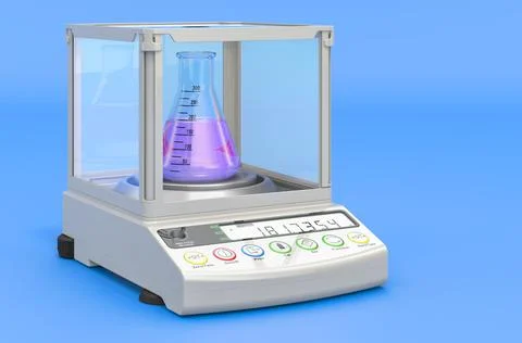 Analytical balance, digital lab scale with chemical flask on blue backdrop, 3 Stock Illustration