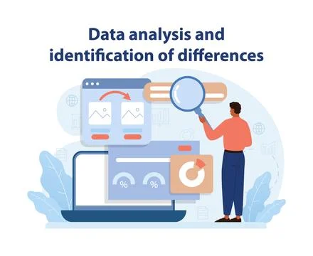 Analytical Benchmarking Vector. An analyst scrutinizes data. Illustrazione stock