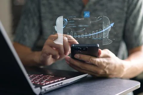 Analytical Business Chart with AI Data Visualization on Smartphone 스톡 사진