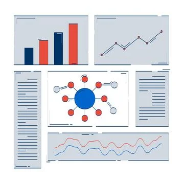 Analytical dashboard with charts and diagrams 2D doodle objects set Stock Illustration