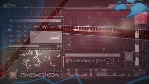 Analytical dashboard progressing as numeric readout hits threshold, forming DNA Stock Footage 329453870