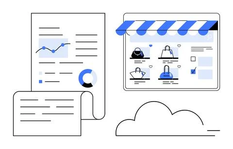 Analytical reports with graphs and charts alongside a shopping website displa Stock Illustration