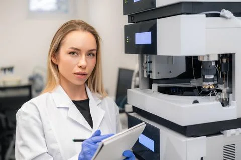 Analytical technician programming high-performance liquid chromatography system Stock-Fotos