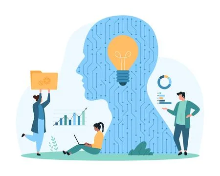Analytics and creative tech ideas, tiny people work on data research with AI Stock Illustration