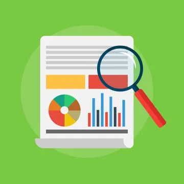 Analytics and data analysis with graphs and charts. Magnifying glass Stock Illustration