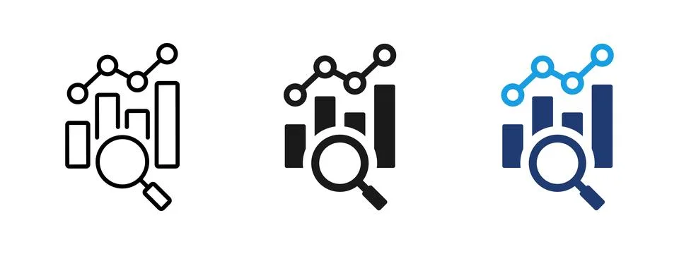 Analytics and data analysis icon with bar chart, line graph and magnifying .. 스톡 일러스트
