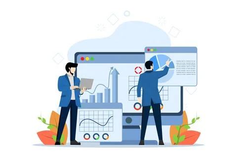 Analytics and data science, financial data management with tiny people. Illustrazione stock
