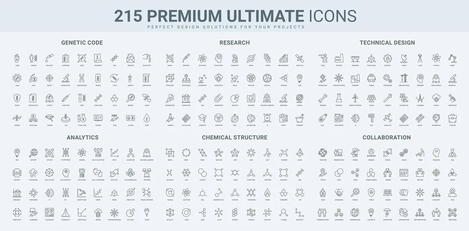 Analytics and data statistics, genetic research, molecular formula line icon set Stock Illustration