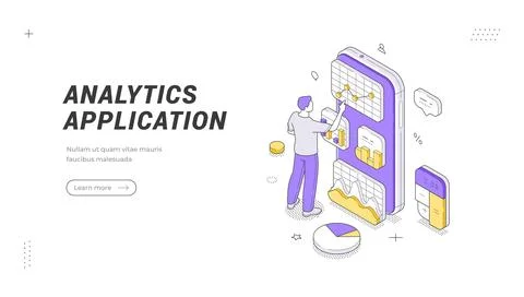 Analytics application isometric banner template. Vector illustration of data  Stockillustratie