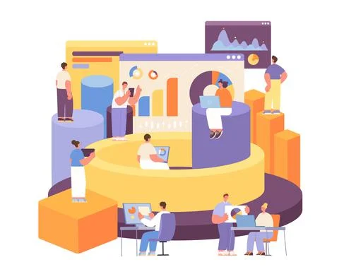 Analytics characters. 3d composition, business technology information. Digital Illustrazione stock