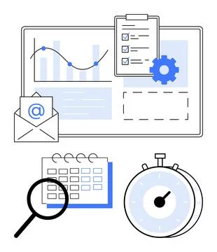 Analytics chart, email, checklist, calendar, stopwatch, and magnifier icon sy Stock Illustration