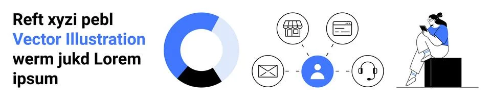 Analytics Chart, User Communication Icons, and Person Reading with Dummy Text Stock Illustration