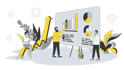 Analytics concept in flat design with people. Men and woman analyzing and Stock Illustration