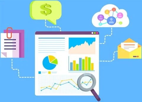 Analytics concept, magnifying glass, analysis, data processing, growing bar Illustrazione stock