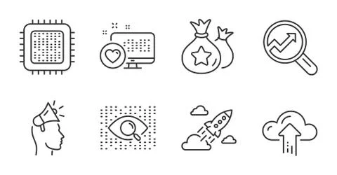 Analytics, Cpu processor and Startup rocket icons set. Vector Stock Illustration