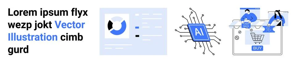 Analytics dashboard, AI chip, and shopping cart icons with people interacting Illustrazione stock