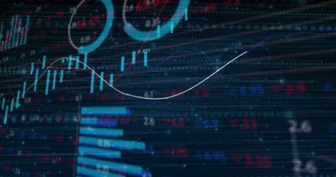 Analytics dashboard being shown on dark grid featuring candlesticks, trend Stock Footage 307468606