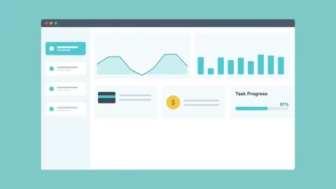 Analytics dashboard in browser with charts and stat cards, teal 動画素材 342594131