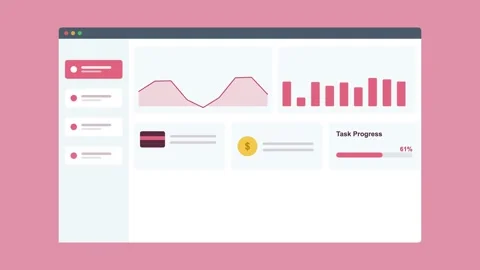 Analytics dashboard in browser with charts and stat cards, rose pink Vídeos de archivo 342594140