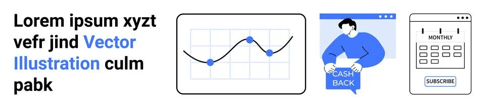 Analytics dashboard, cashback promo, subscription form in modern vector desig Illustrazione stock