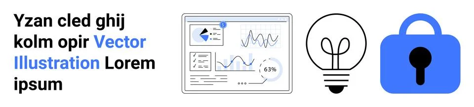 Analytics dashboard with graphs and charts, light bulb representing ideas, lo Stock Illustration