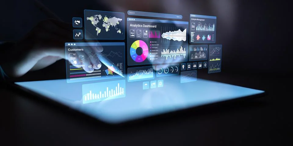 Analytics Dashboard with Graphs and Data Visualizations on Digital Tablet Stock Photos