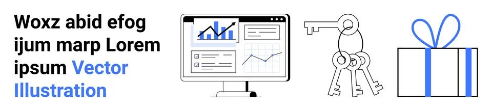 Analytics Dashboard, Keys, and Gift Box Symbolizing Data, Security, and Rewar Stock Illustration