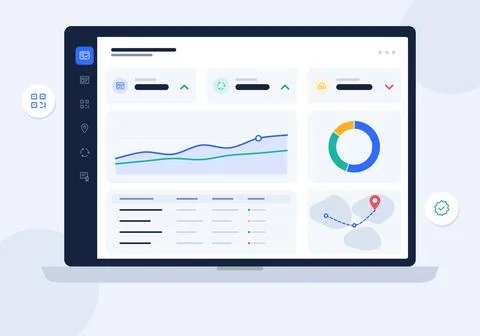 Analytics dashboard on laptop screen flat design vector illustration with line Stock Illustration