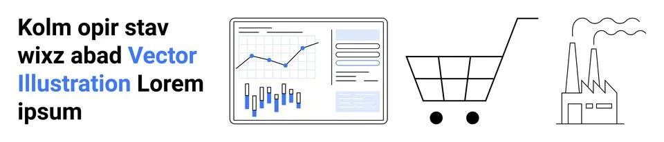 Analytics dashboard with line and bar charts, shopping cart, and factory icon Stockillustratie