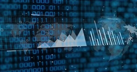 Analytics dashboard reacting to binary grid nodes pulsing bars rising area Stock Footage 329550517
