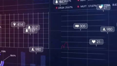Analytics dashboard receiving feed, spawning tip bubbles, aligning with charts, Video stock 332505217