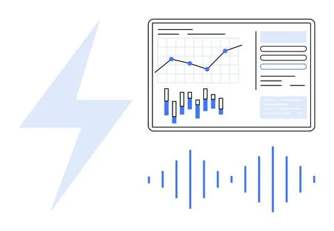 Analytics dashboard showing line graph, bar chart, and data tables beside a b 스톡 일러스트