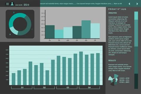 Analytics dashboard UI is displaying dark-themed flat donut chart, bar graphs, Illustrazione stock