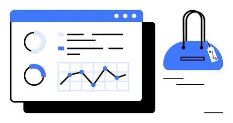 Analytics dashboard with visual data, including pie charts and a line graph.  イラスト素材