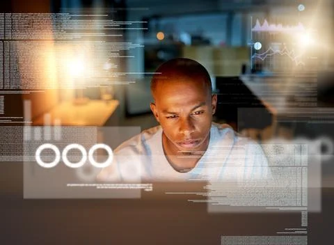 Analytics, database and overlay with man programming in office at night for Stock-Fotos