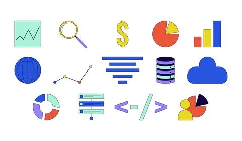 Analytics database management 2D linear cartoon objects set Stock Illustration