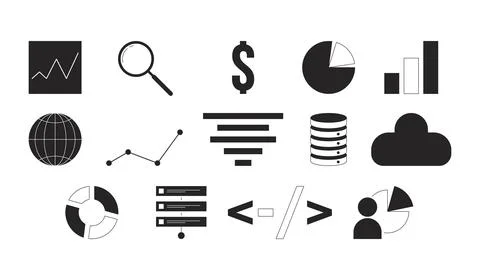 Analytics database management black and white 2D line cartoon objects set Stock Illustration