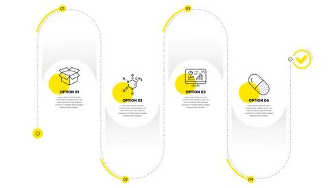 Analytics graph, Chemical formula and Open box icons set. Capsule pill sign Illustrazione stock
