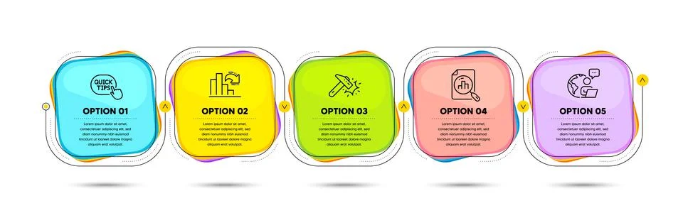 Analytics graph, Decreasing graph and Quick tips icons set. Hammer blow sign Stock Illustration