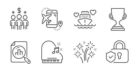 Analytics graph, Piano and Award cup icons set. Meeting, Honeymoon cruise and Stock Illustration