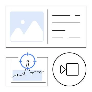 Analytics graph with pinpoint marker, image placeholder, text layout, and vid Stock Illustration