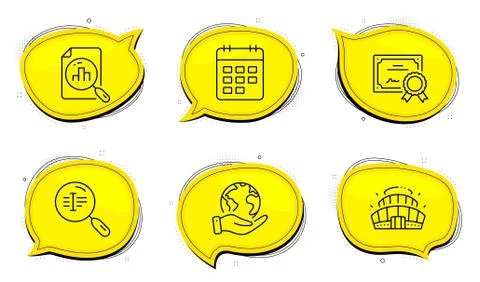 Analytics graph, Search text and Arena stadium icons set. Calendar sign. Vector Stock Illustration
